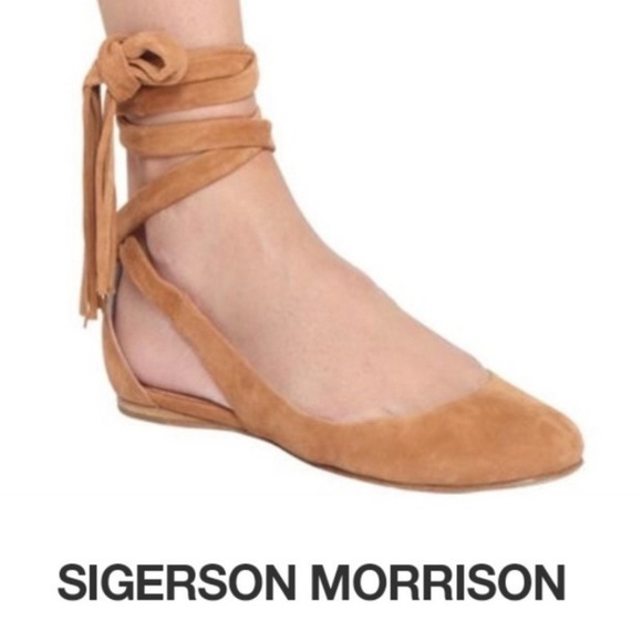 SIGERSON MORRIS DESIGNER SOFT SUEDE TAN ANKLE WRAP BALLET FLATS SIZE 8 NWT - Picture 1 of 11